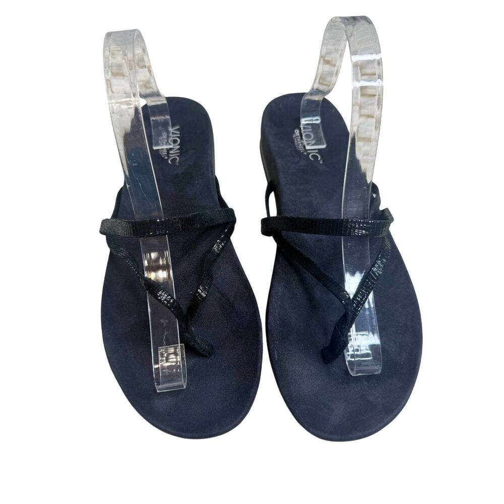 VIONIC ORTHAHEEL Women's 10 Minimal Flip Flop Strappy Sandal Shoes Black Suede
